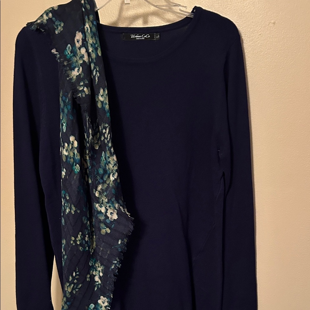 Urban CoCo Navy Long Sleeve Women's Top with Scarf